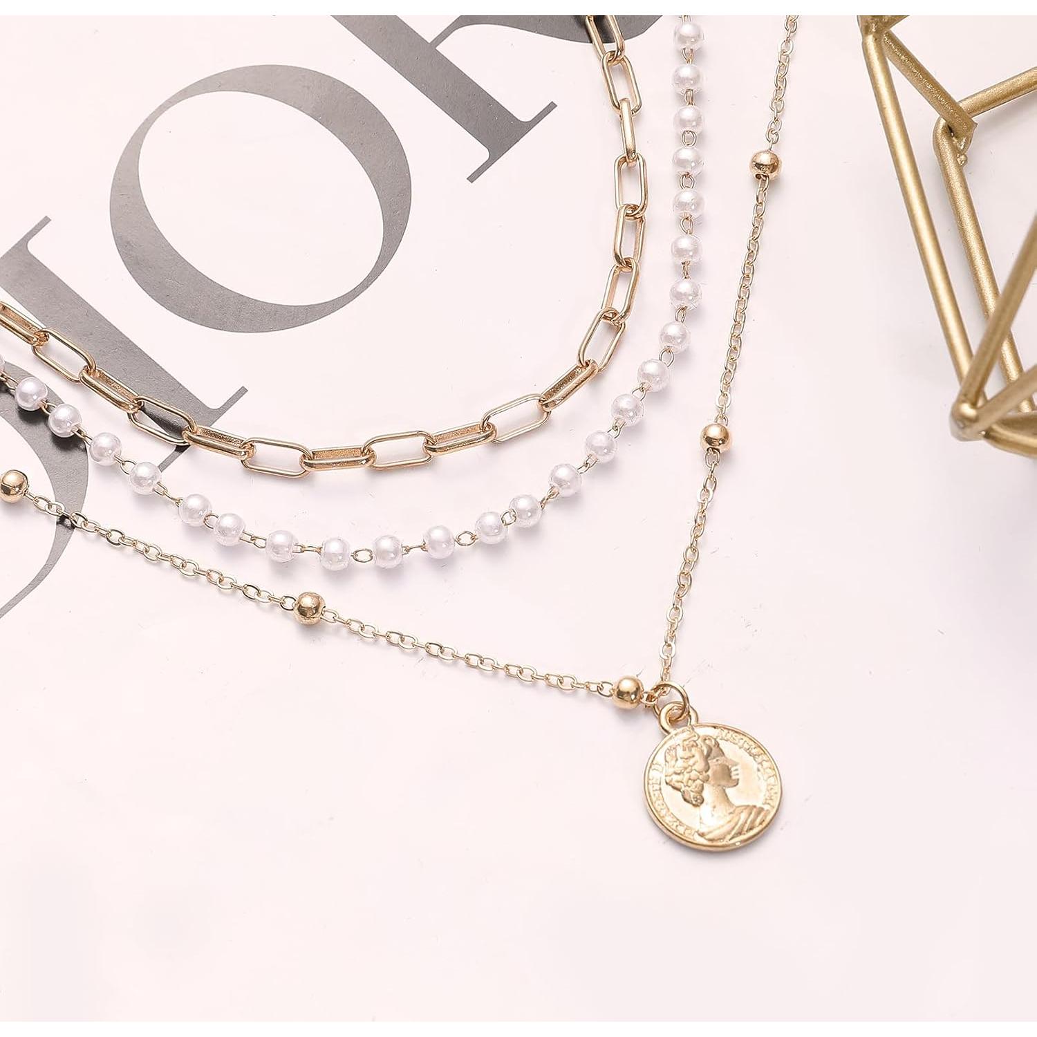 Collar Choker en Capas Baño de Oro con Colgante Redondo para Mujeres