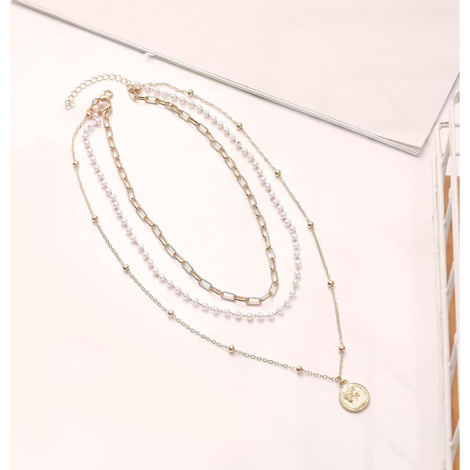 Collar Choker en Capas Baño de Oro con Colgante Redondo para Mujeres