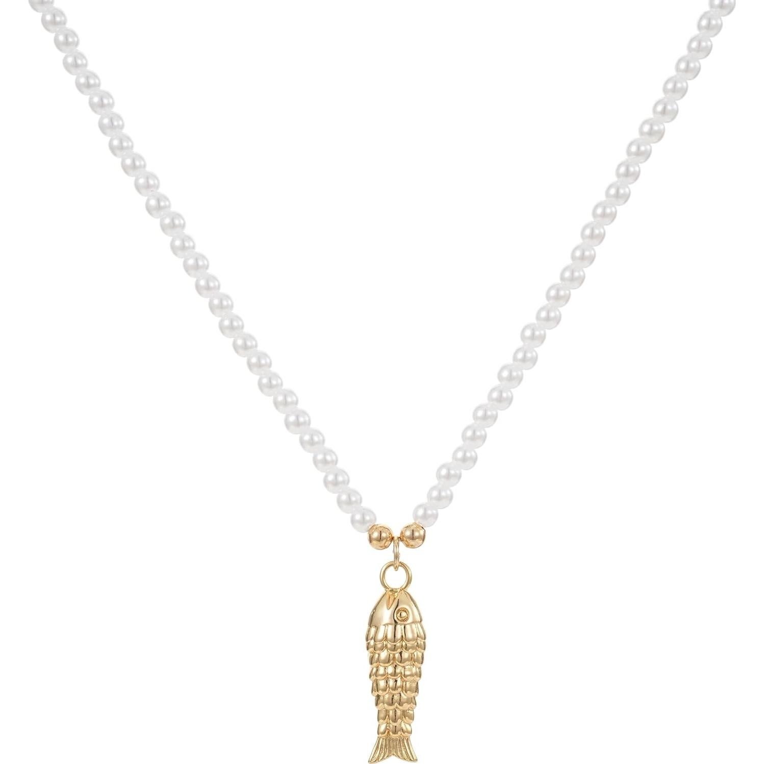 Collar Choker de Perlas y Encanto de Pez 18k para Mujeres