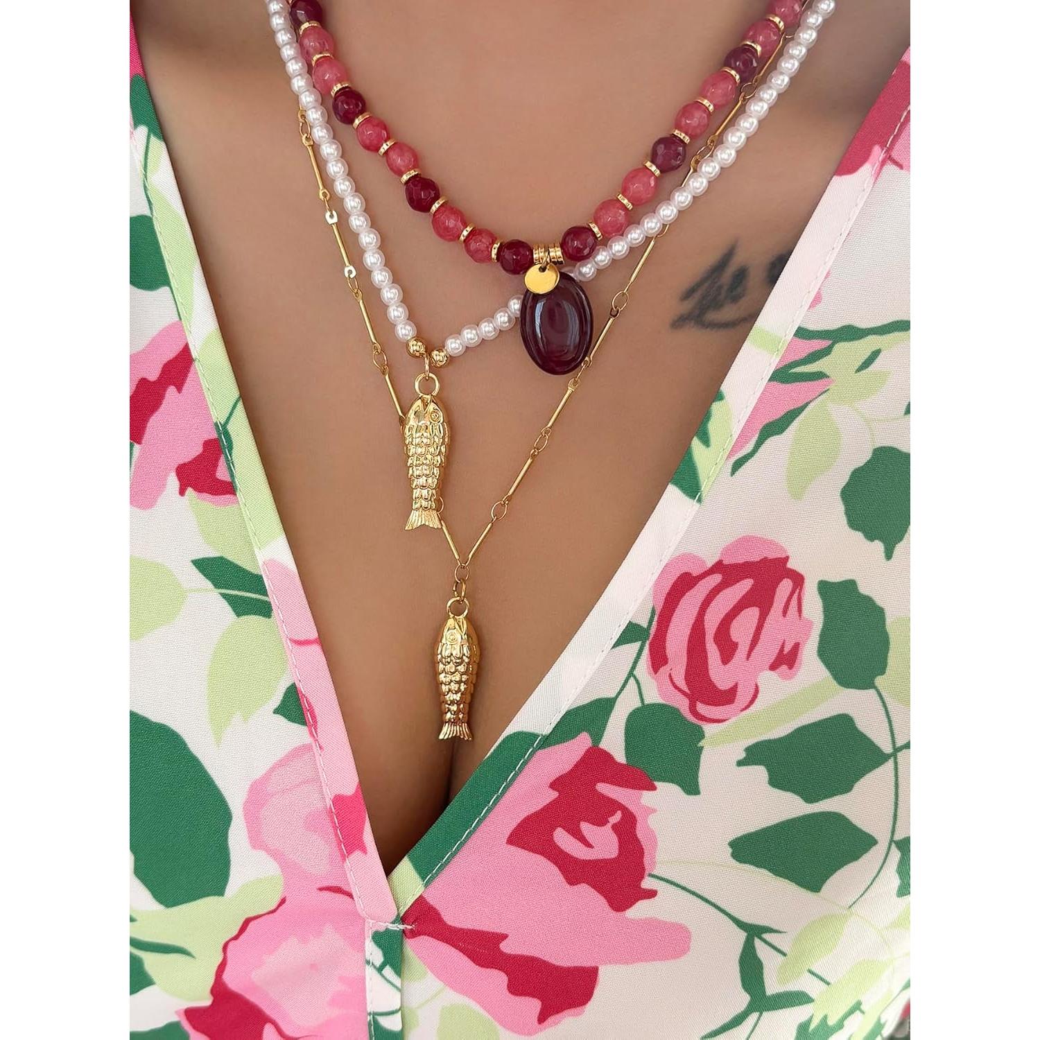 Collar Choker de Perlas y Encanto de Pez 18k para Mujeres