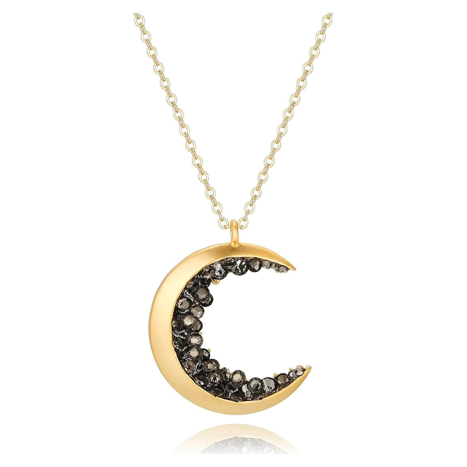 Collar de Luna Creciente Baño de Oro 14k con Cristales Negros