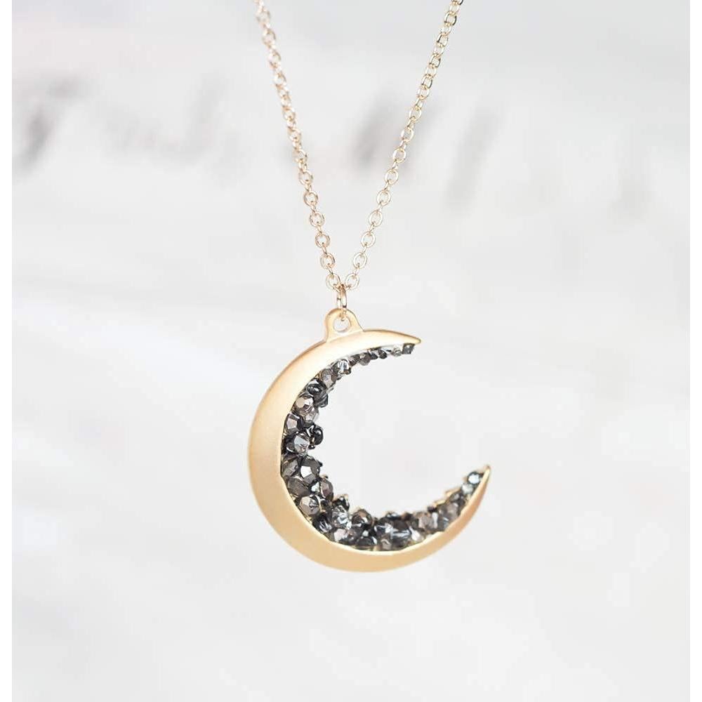 Collar de Luna Creciente Baño de Oro 14k con Cristales Negros