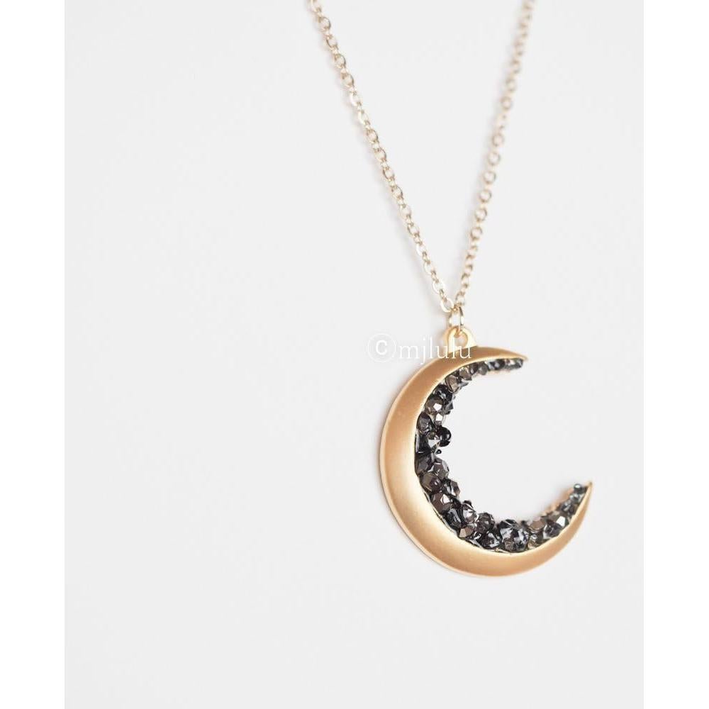 Collar de Luna Creciente Baño de Oro 14k con Cristales Negros
