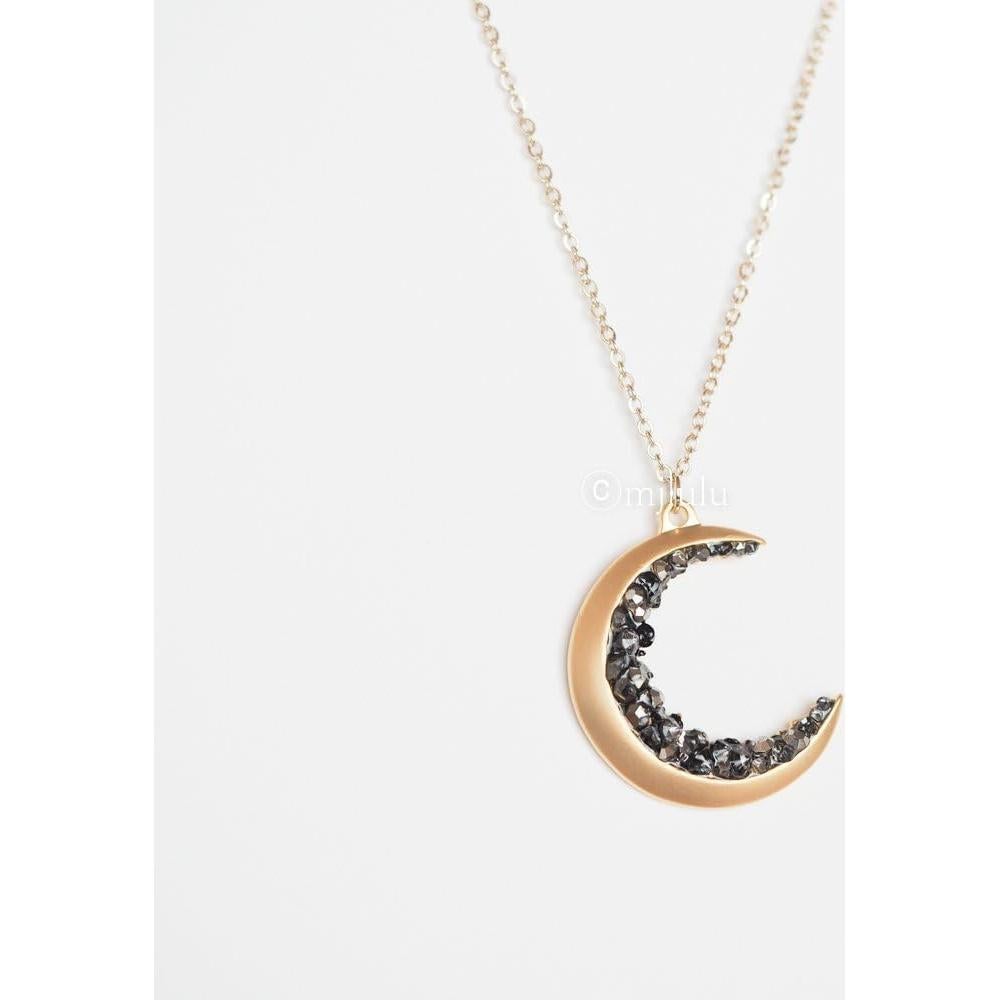 Collar de Luna Creciente Baño de Oro 14k con Cristales Negros