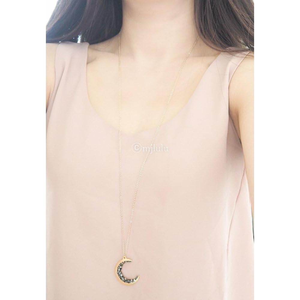 Collar de Luna Creciente Baño de Oro 14k con Cristales Negros