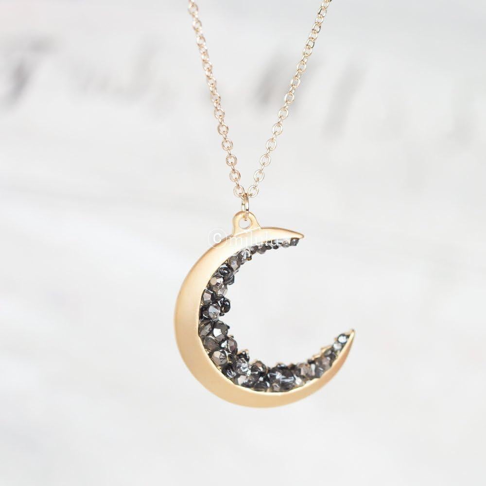 Collar de Luna Creciente Baño de Oro 14k con Cristales Negros