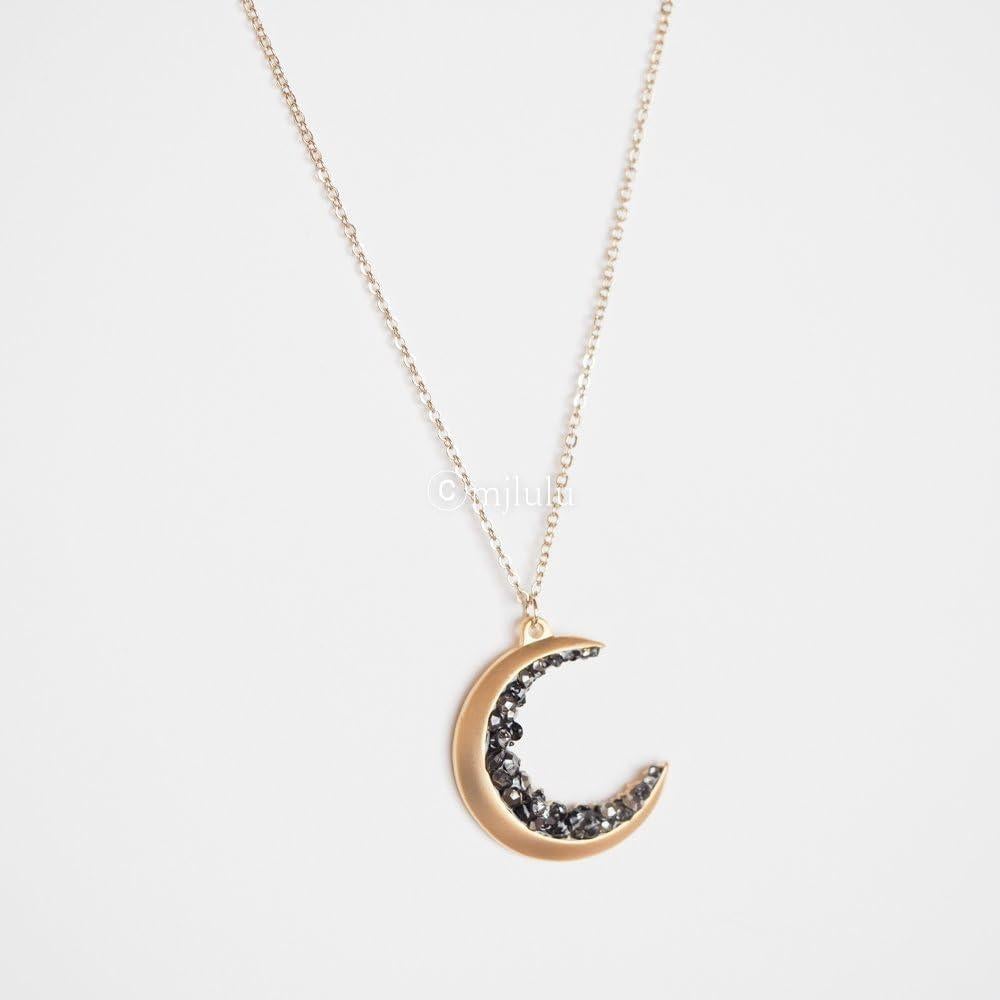 Collar de Luna Creciente Baño de Oro 14k con Cristales Negros