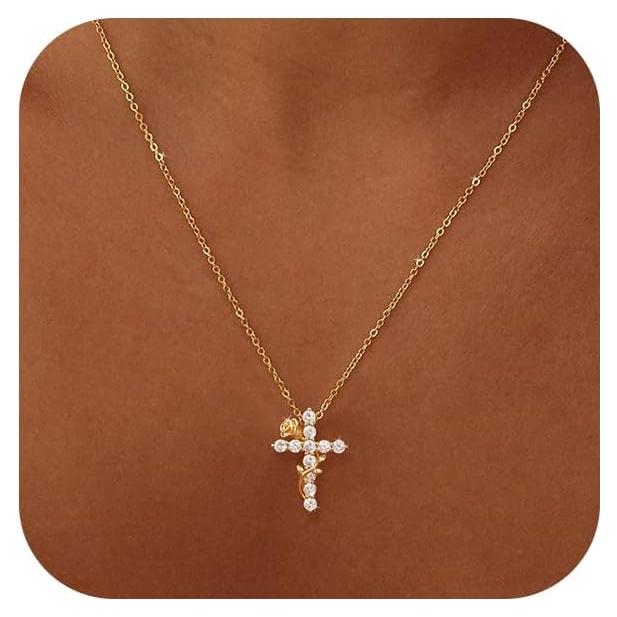 Collar de Cruz Rosa-GD 14K Dorado Ajustable para Mujeres