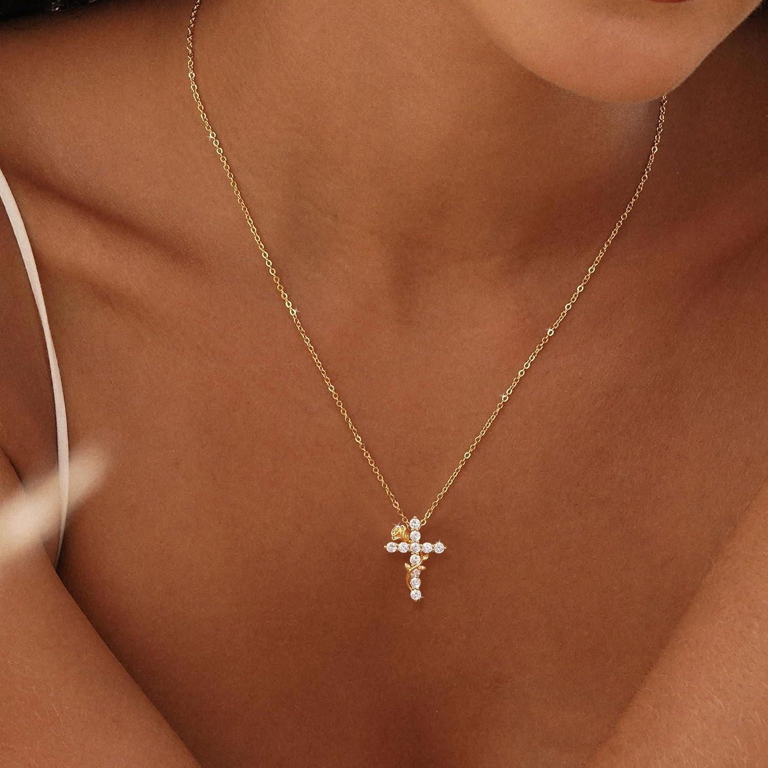 Collar de Cruz Rosa-GD 14K Dorado Ajustable para Mujeres