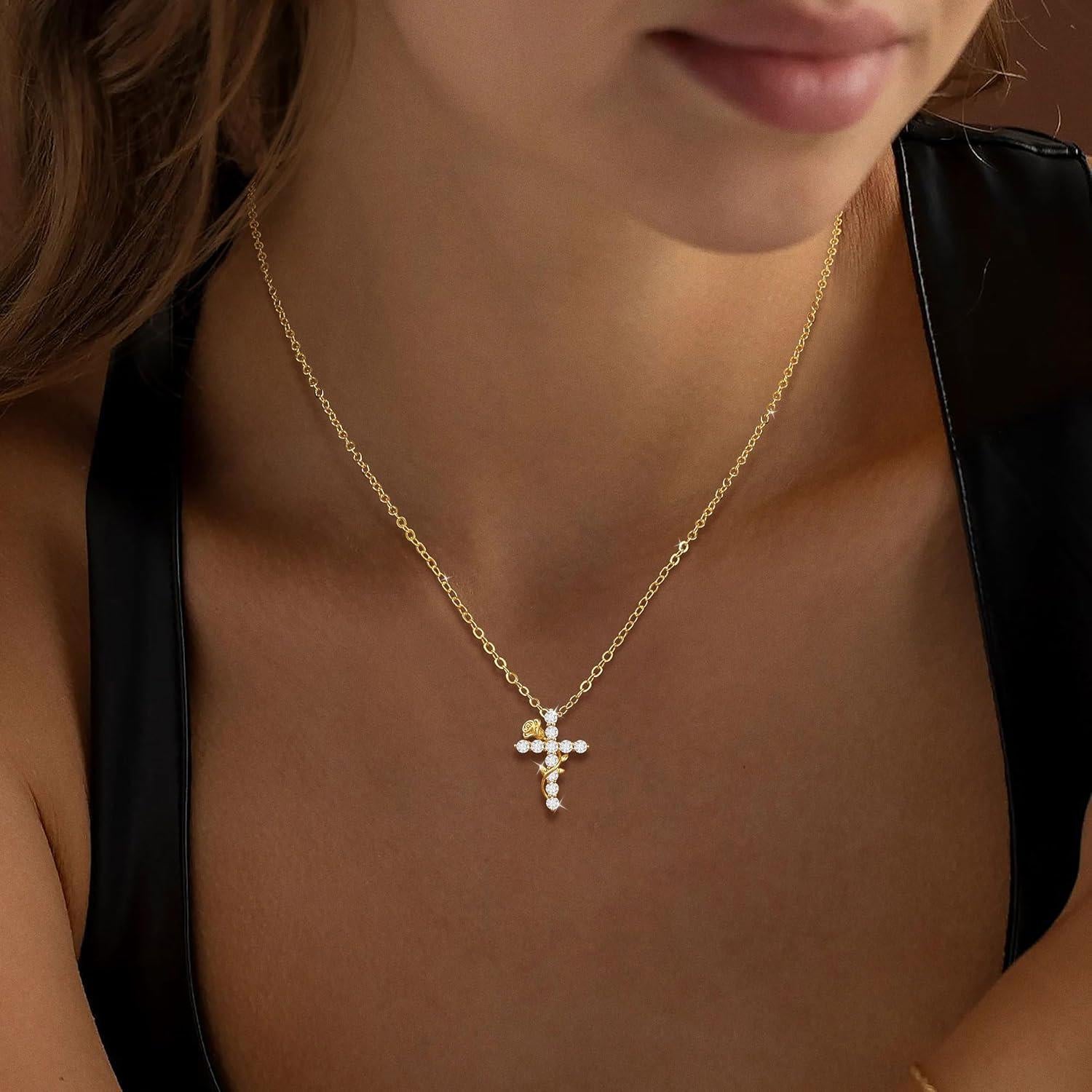 Collar de Cruz Rosa-GD 14K Dorado Ajustable para Mujeres