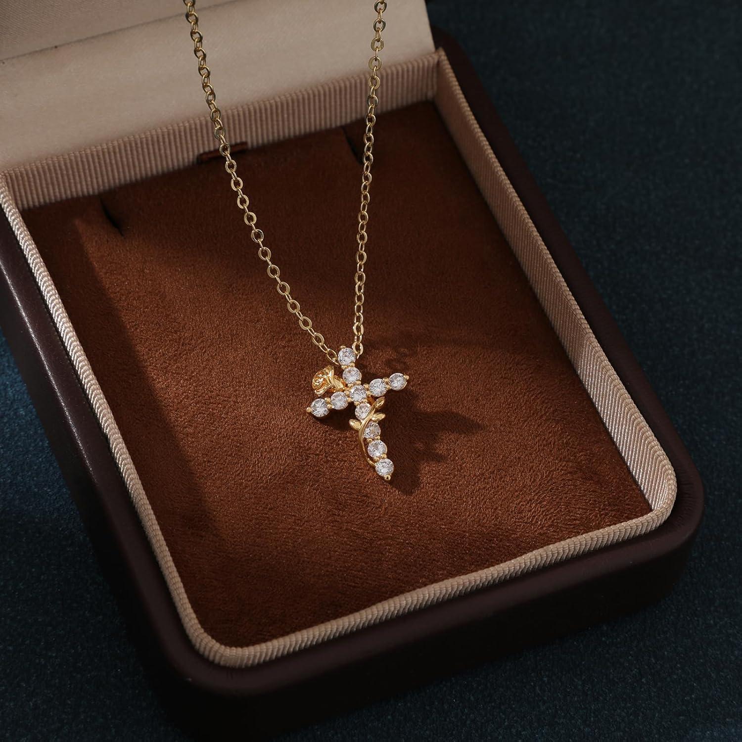 Collar de Cruz Rosa-GD 14K Dorado Ajustable para Mujeres