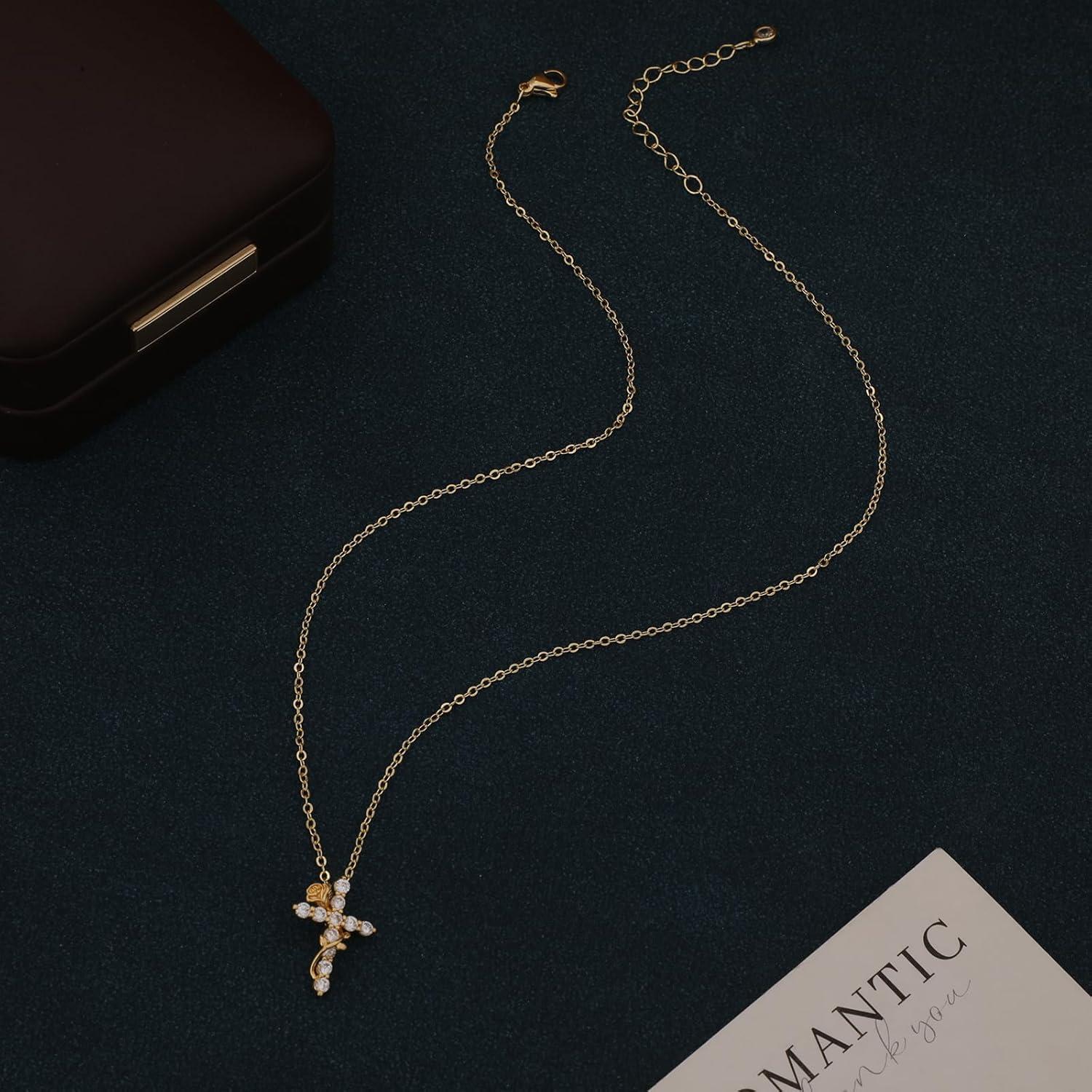 Collar de Cruz Rosa-GD 14K Dorado Ajustable para Mujeres