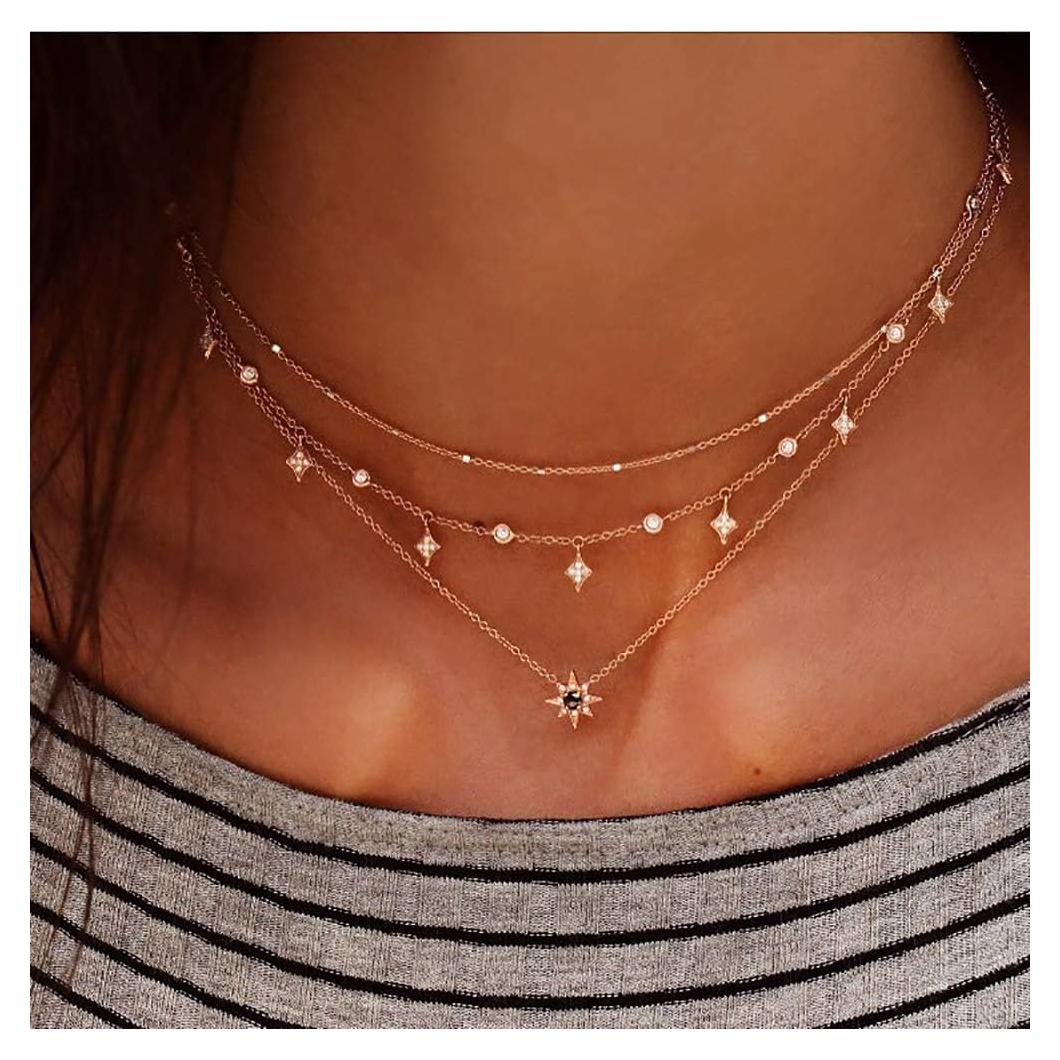 Collar Dainty Gold Choker Multicapa Doble Estrella para Mujeres