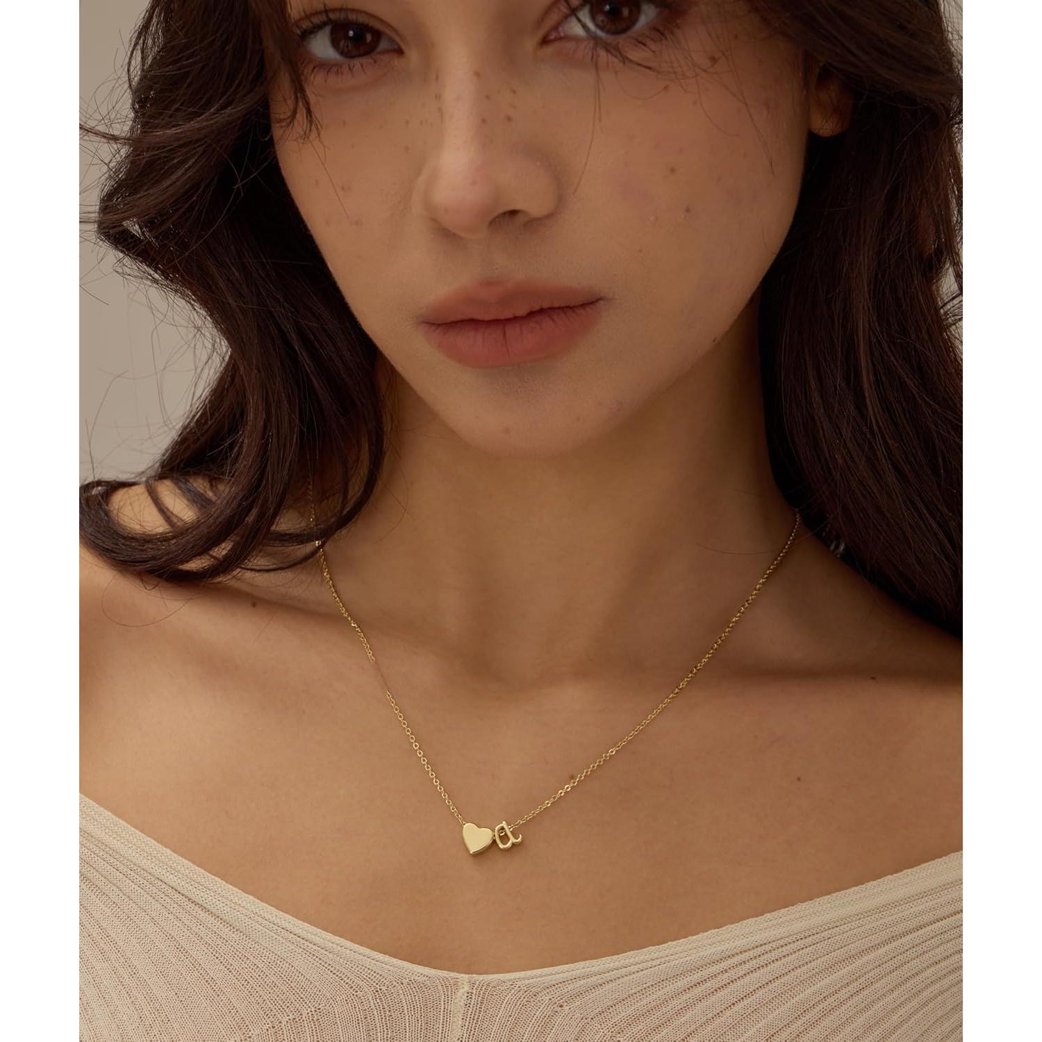 Collar Inicial de Corazón de Oro 14K para Mujeres Ajustable