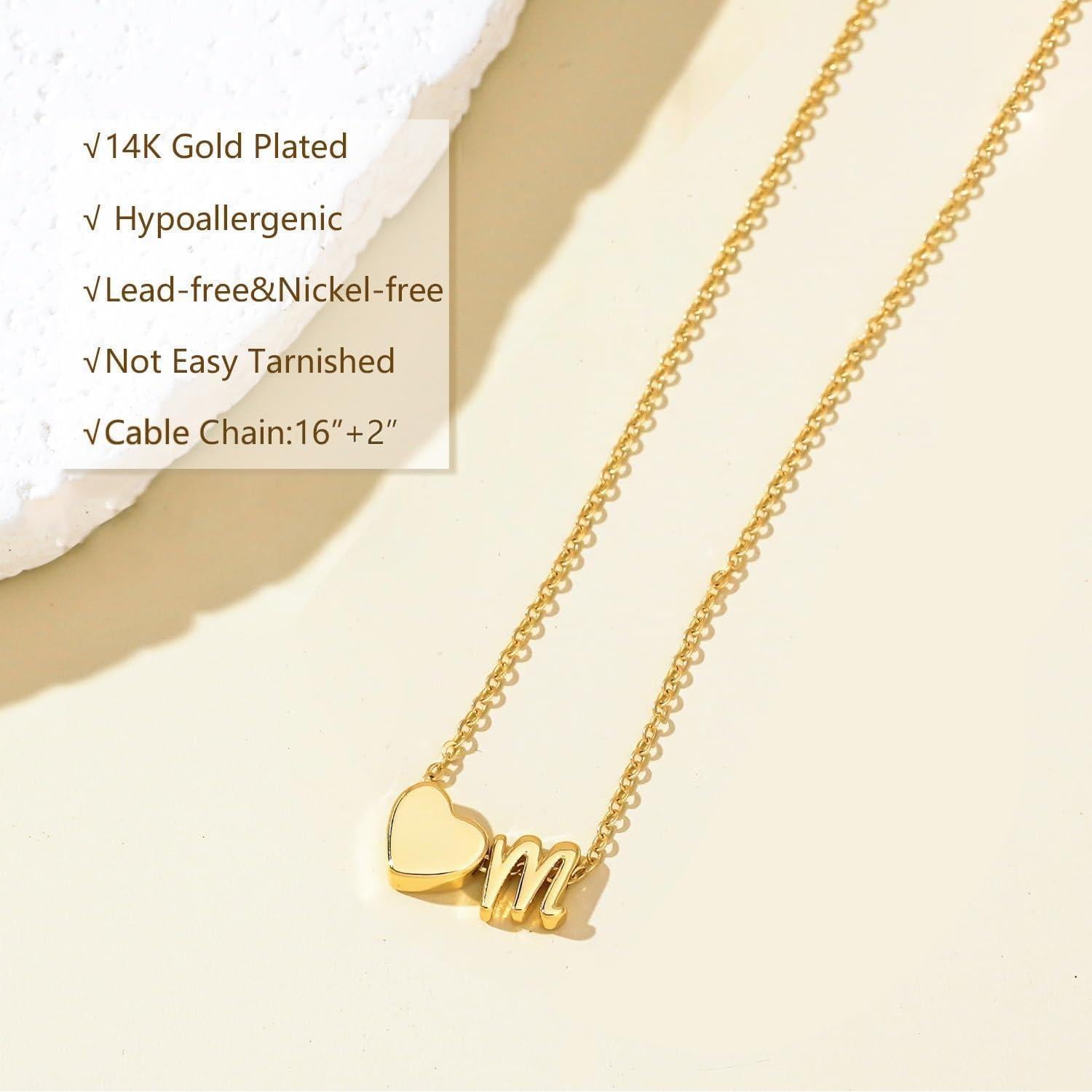 Collar Inicial de Corazón de Oro 14K para Mujeres Ajustable