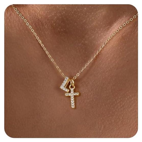 Collar de Cruz de Oro 14K para Mujeres con Circonita Cubica
