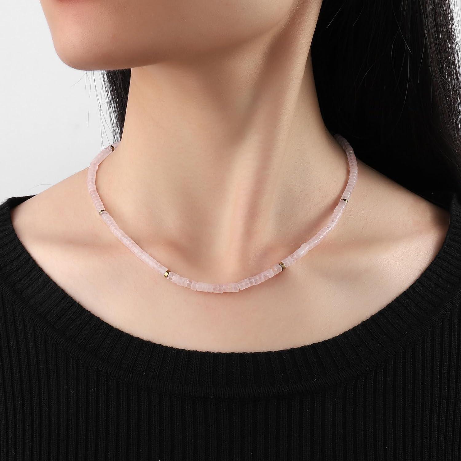Collar Choker Dainty 14K Baño de Oro Cuarzo Rosa 39.88 cm