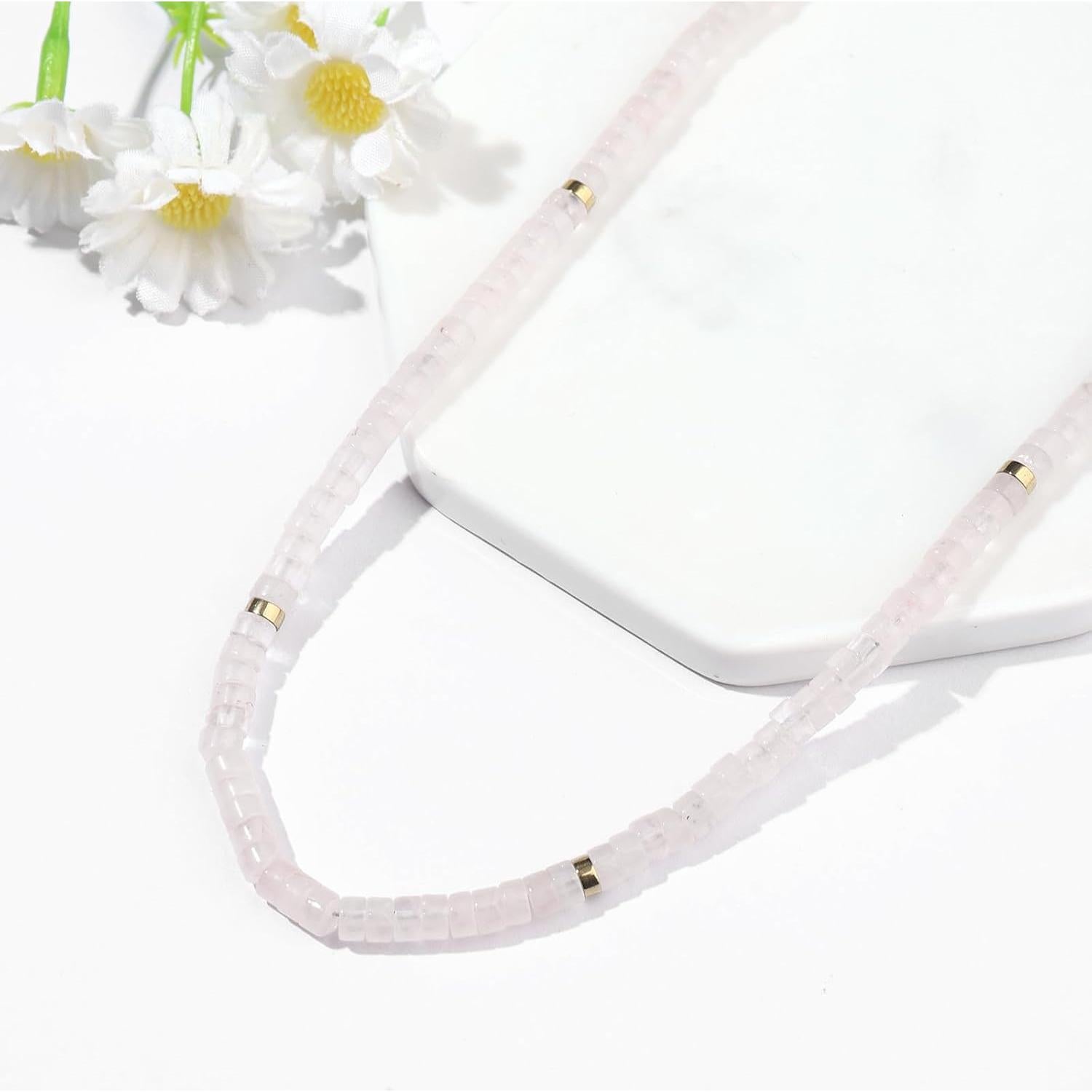 Collar Choker Dainty 14K Baño de Oro Cuarzo Rosa 39.88 cm