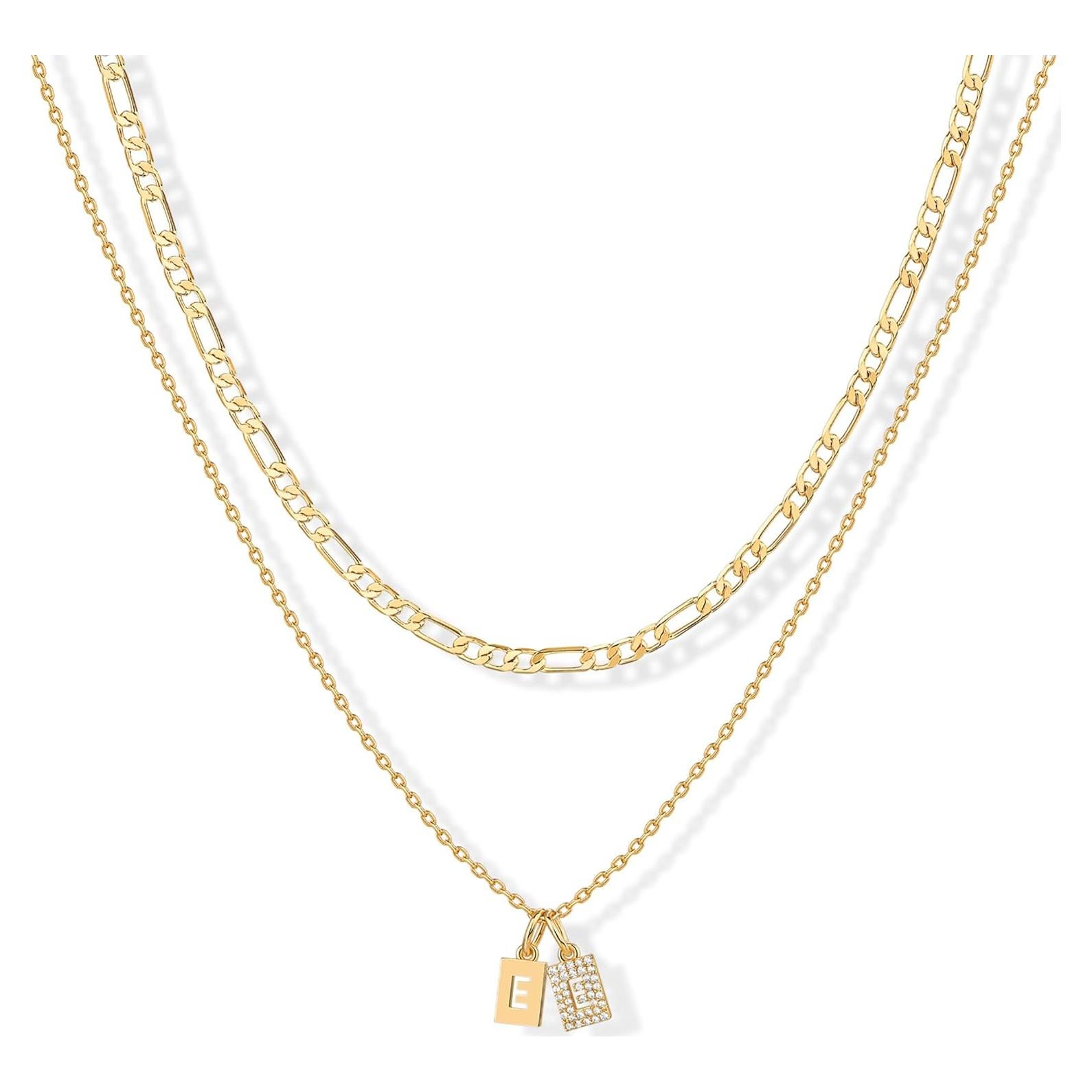 Collar Doble Placa Inicial PAVOI Baño Oro 14K con Circonita