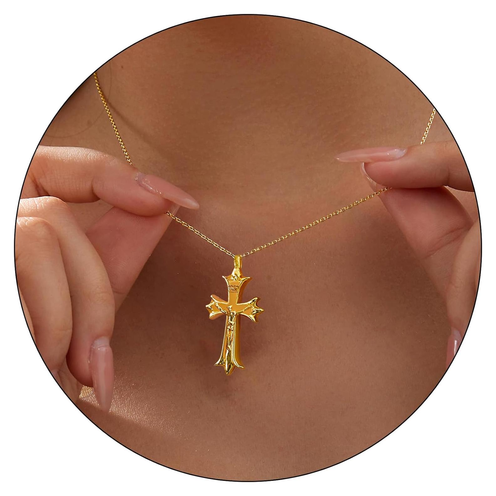 Collar Cruz de Oro 14K Chapado para Mujeres 40.64 cm Hipoalergénico