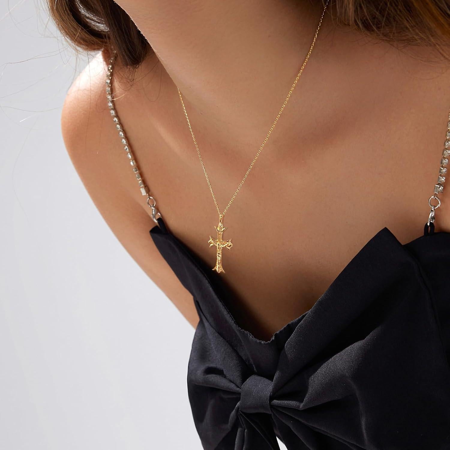 Collar Cruz de Oro 14K Chapado para Mujeres 40.64 cm Hipoalergénico