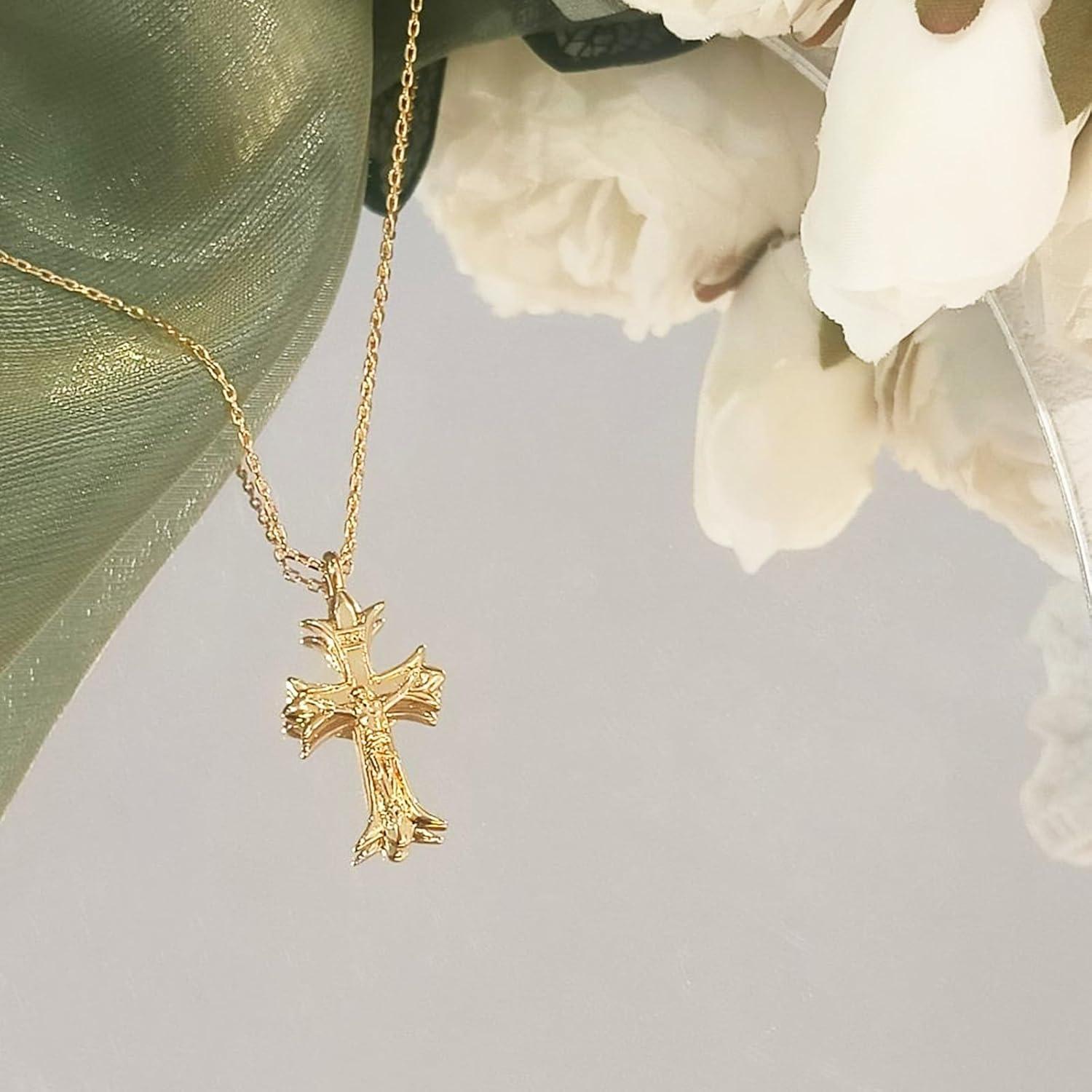 Collar Cruz de Oro 14K Chapado para Mujeres 40.64 cm Hipoalergénico