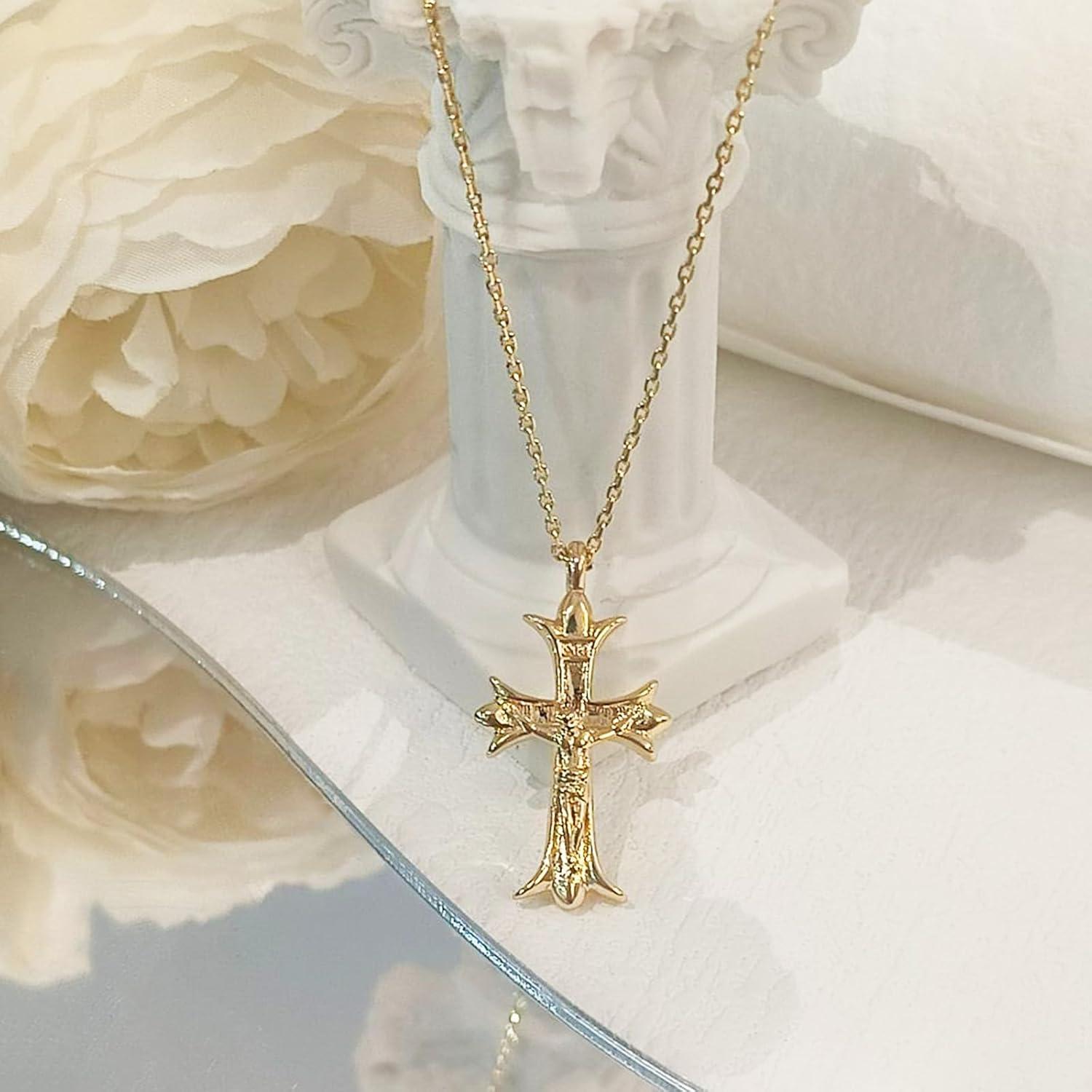 Collar Cruz de Oro 14K Chapado para Mujeres 40.64 cm Hipoalergénico