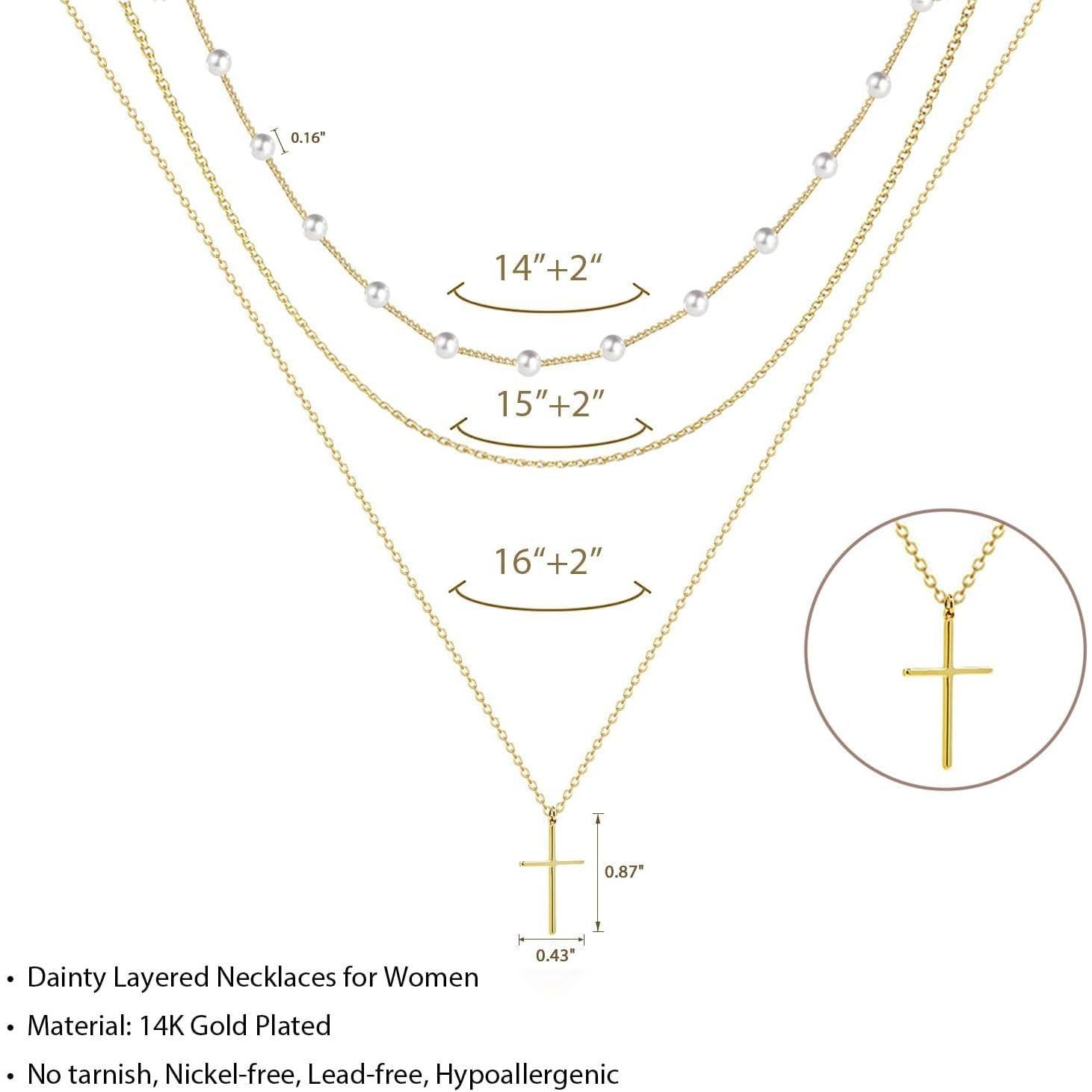 Collar Cruz Dainty Baño de Oro 14K para Mujeres 3 Capas