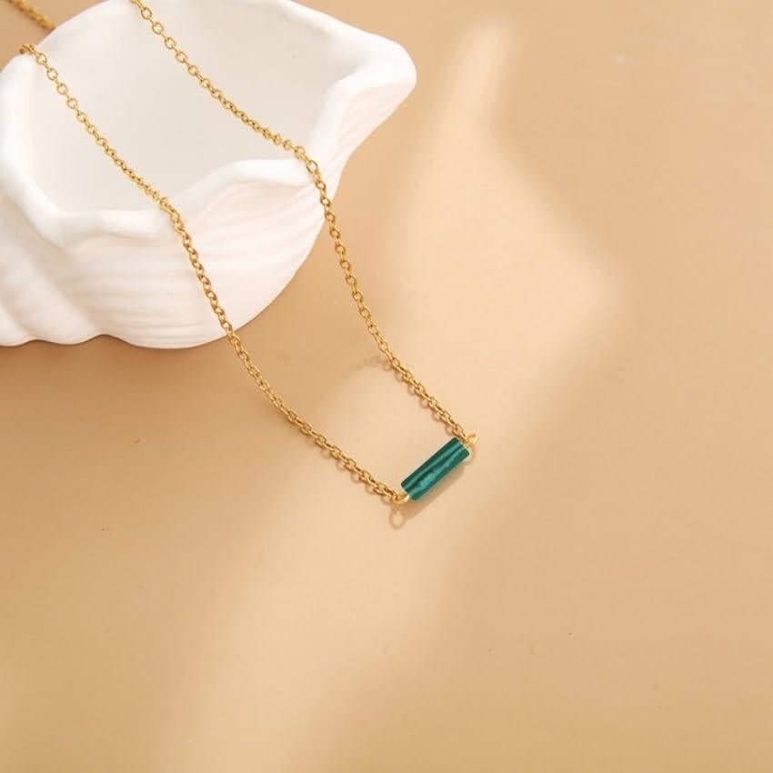 Natural Stone Pendant Necklace – Genuine Cylindrical Gemstone on 18k Gold-Plated Stainless Steel Chain – Minimalist Summer Women’s Fashion Jewelry