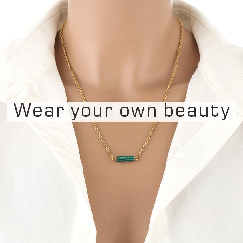 Natural Stone Pendant Necklace – Genuine Cylindrical Gemstone on 18k Gold-Plated Stainless Steel Chain – Minimalist Summer Women’s Fashion Jewelry