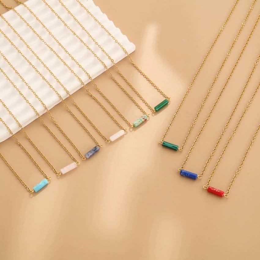 Natural Stone Pendant Necklace – Genuine Cylindrical Gemstone on 18k Gold-Plated Stainless Steel Chain – Minimalist Summer Women’s Fashion Jewelry