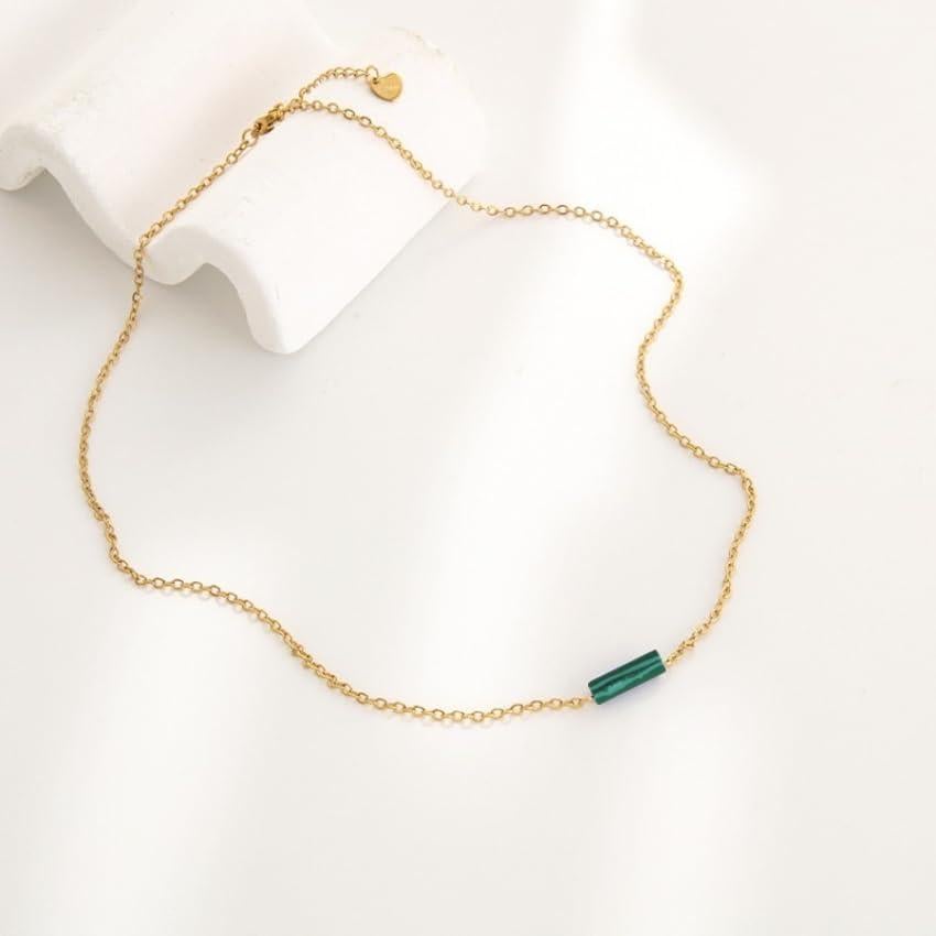 Natural Stone Pendant Necklace – Genuine Cylindrical Gemstone on 18k Gold-Plated Stainless Steel Chain – Minimalist Summer Women’s Fashion Jewelry
