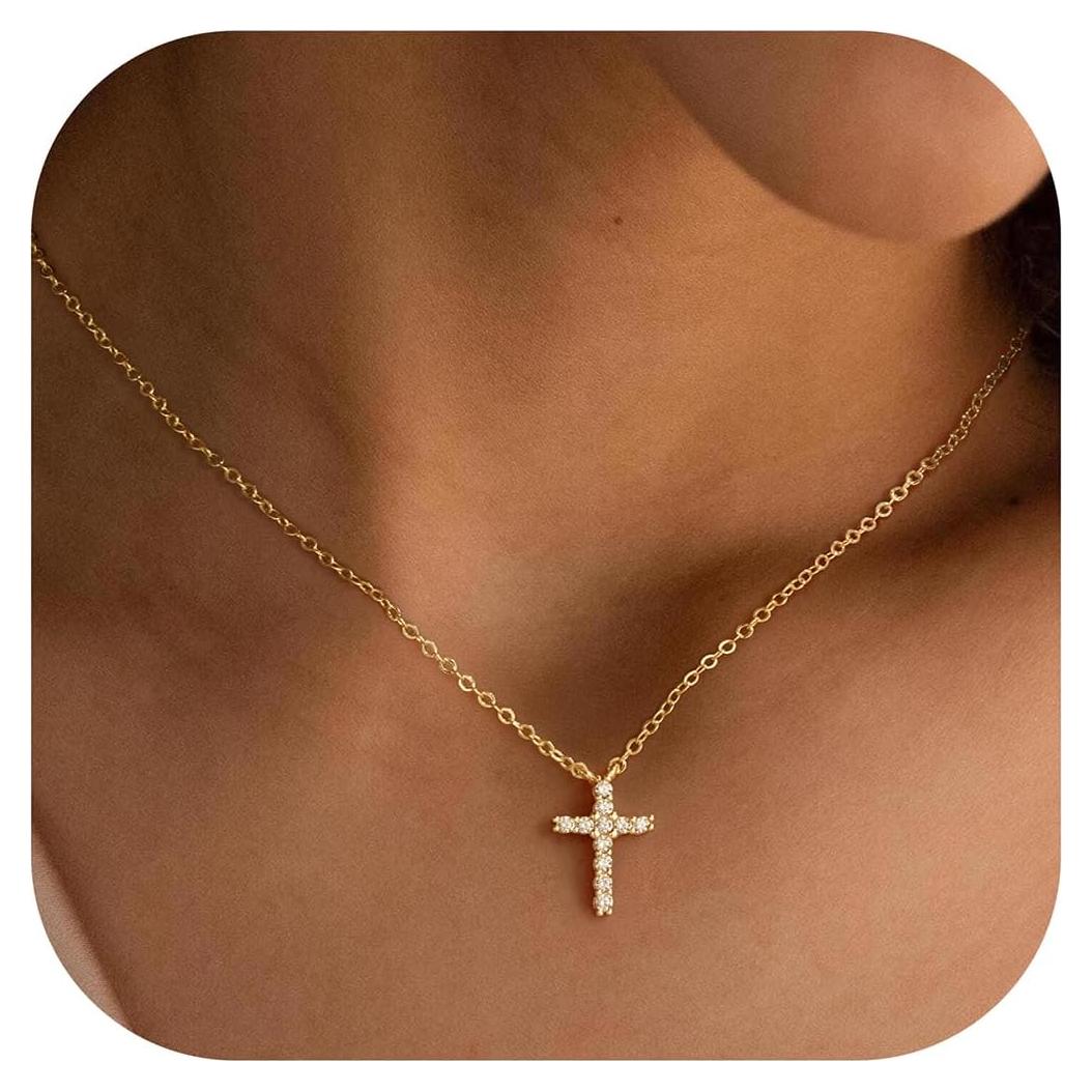 Collar Cruz Dainty Baño de Oro 14K para Mujeres 40.64cm