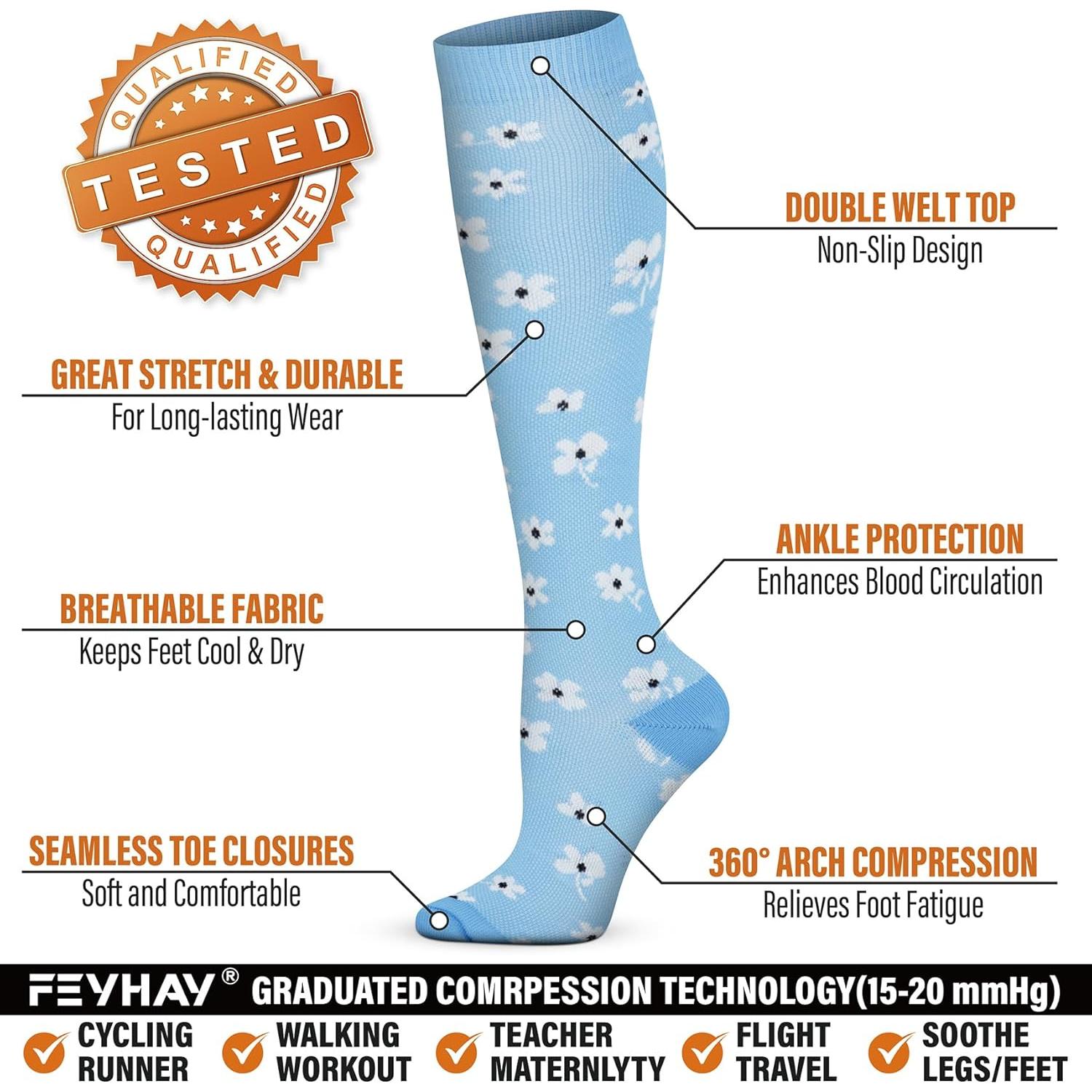 Calcetines de Compresión de Cobre FEYHAY 15-20 mmHg (5 Pares)
