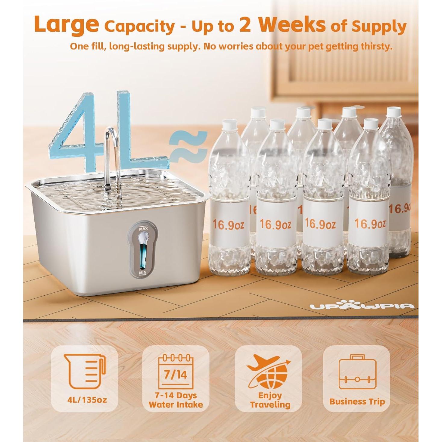 Fuente de Agua para Gatos UPAWPIA Acero Inoxidable 4L Silenciosa