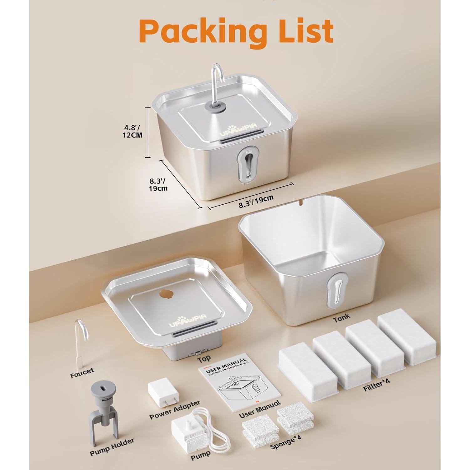 Fuente de Agua para Gatos UPAWPIA Acero Inoxidable 4L Silenciosa