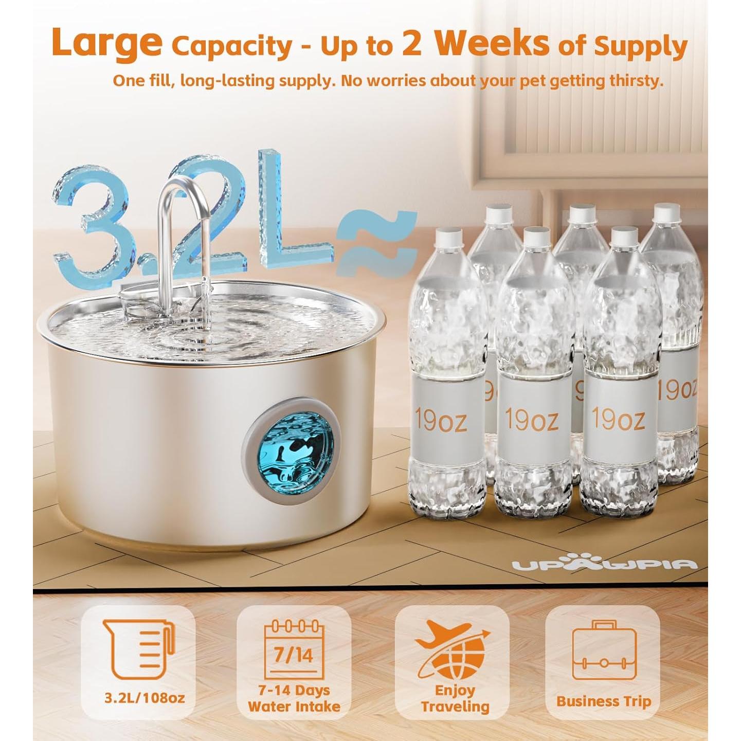 Fuente de Agua Automática UPAWPIA Acero Inoxidable 3.2L