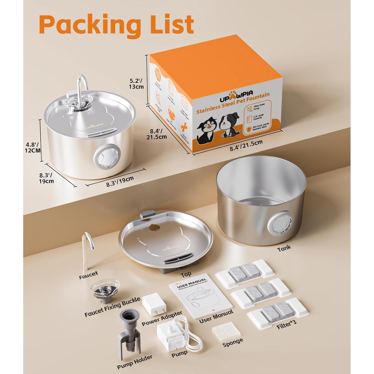 Fuente de Agua Automática UPAWPIA Acero Inoxidable 3.2L