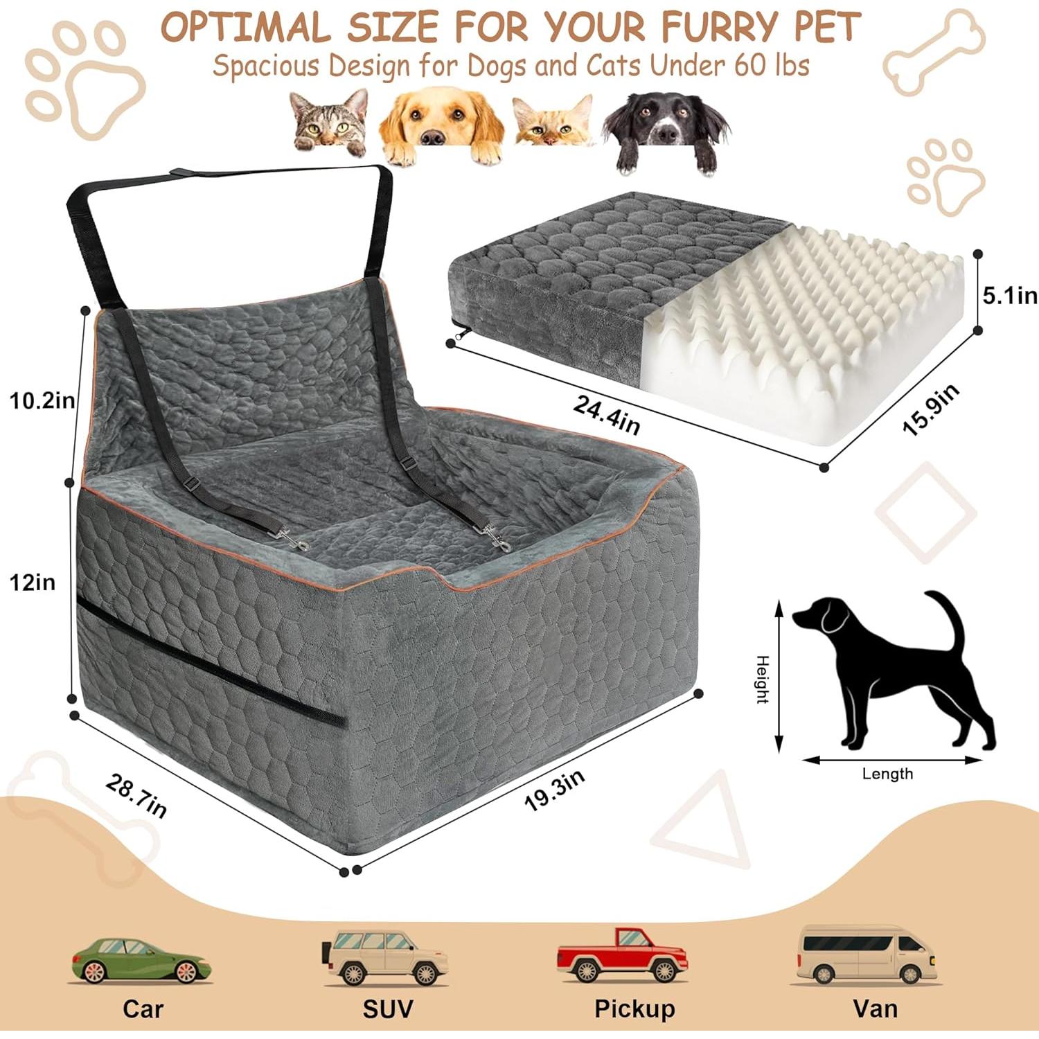 Asiento Elevador para Perros Vdamu - Cama de Coche Gris 27.2kg