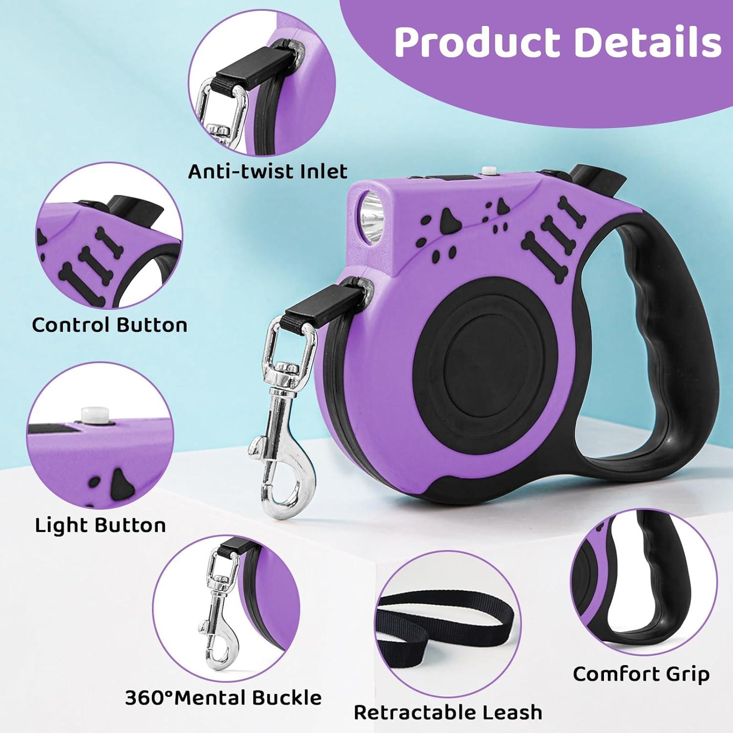 Correa de Perro Retráctil COSOWO 4.88m con Linterna USB Púrpura