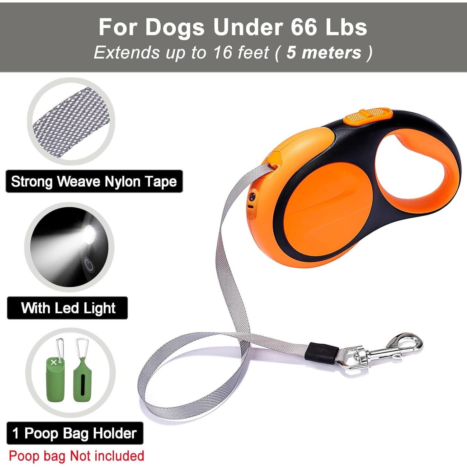 Correa Retráctil para Perros USHARP 4.88m con Luz LED