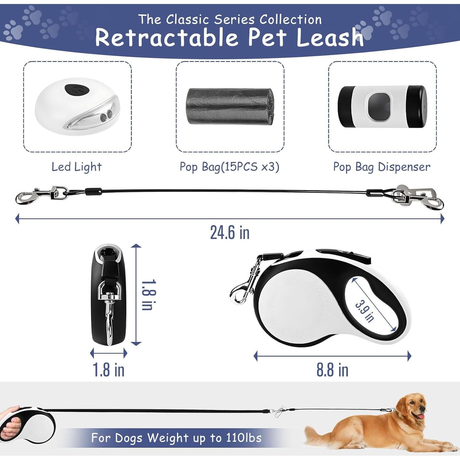 Correa Retráctil para Perros VTOPVMAX 8m hasta 50kg con Luz LED