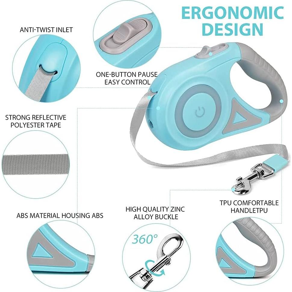 Correa de perro retráctil LED verde 5M con linterna y mango antideslizante