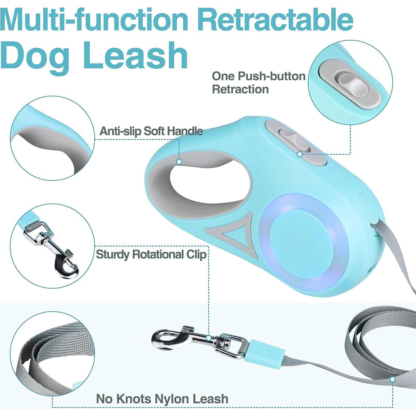 Correa de perro retráctil LED verde 5M con linterna y mango antideslizante