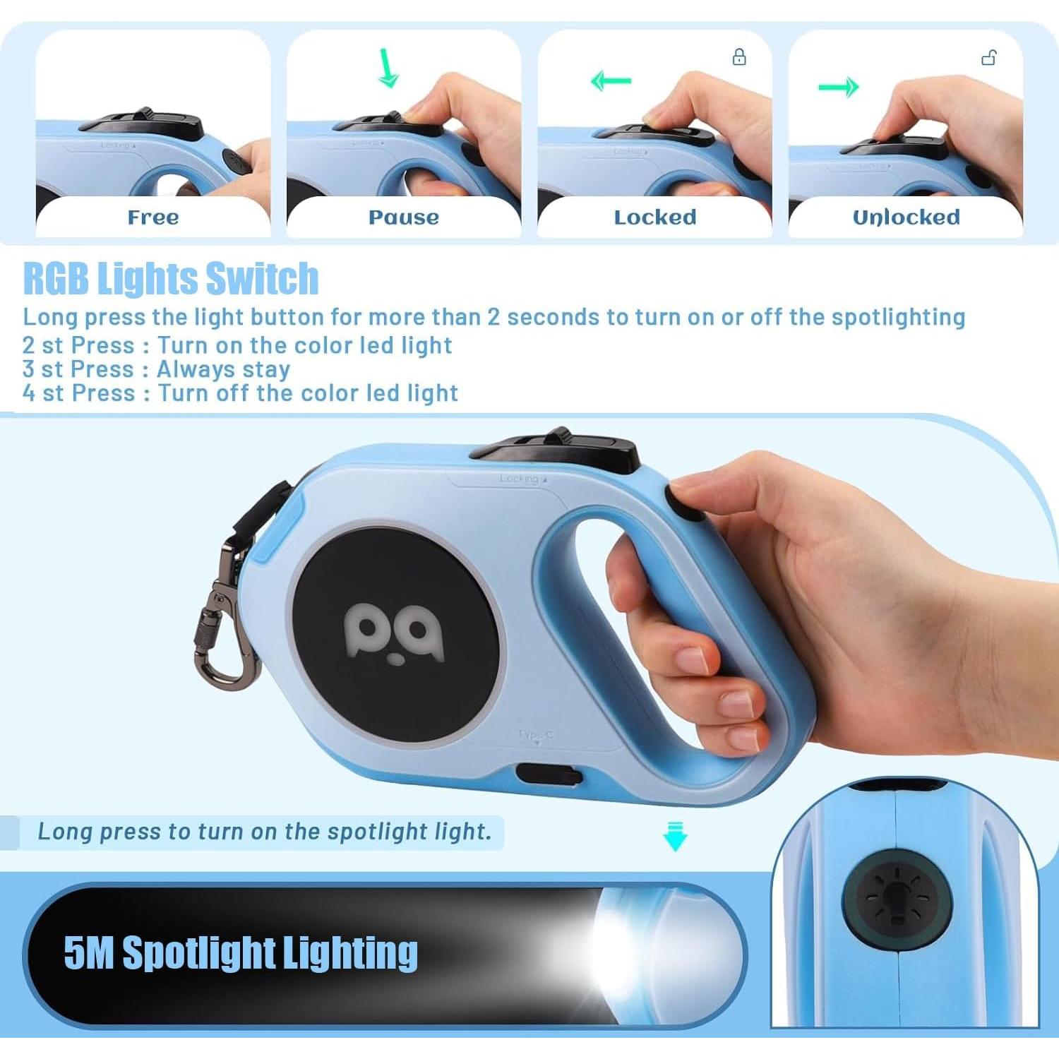 Correa de Perro Retráctil LED 5m Hanwei Recargable hasta 40kg