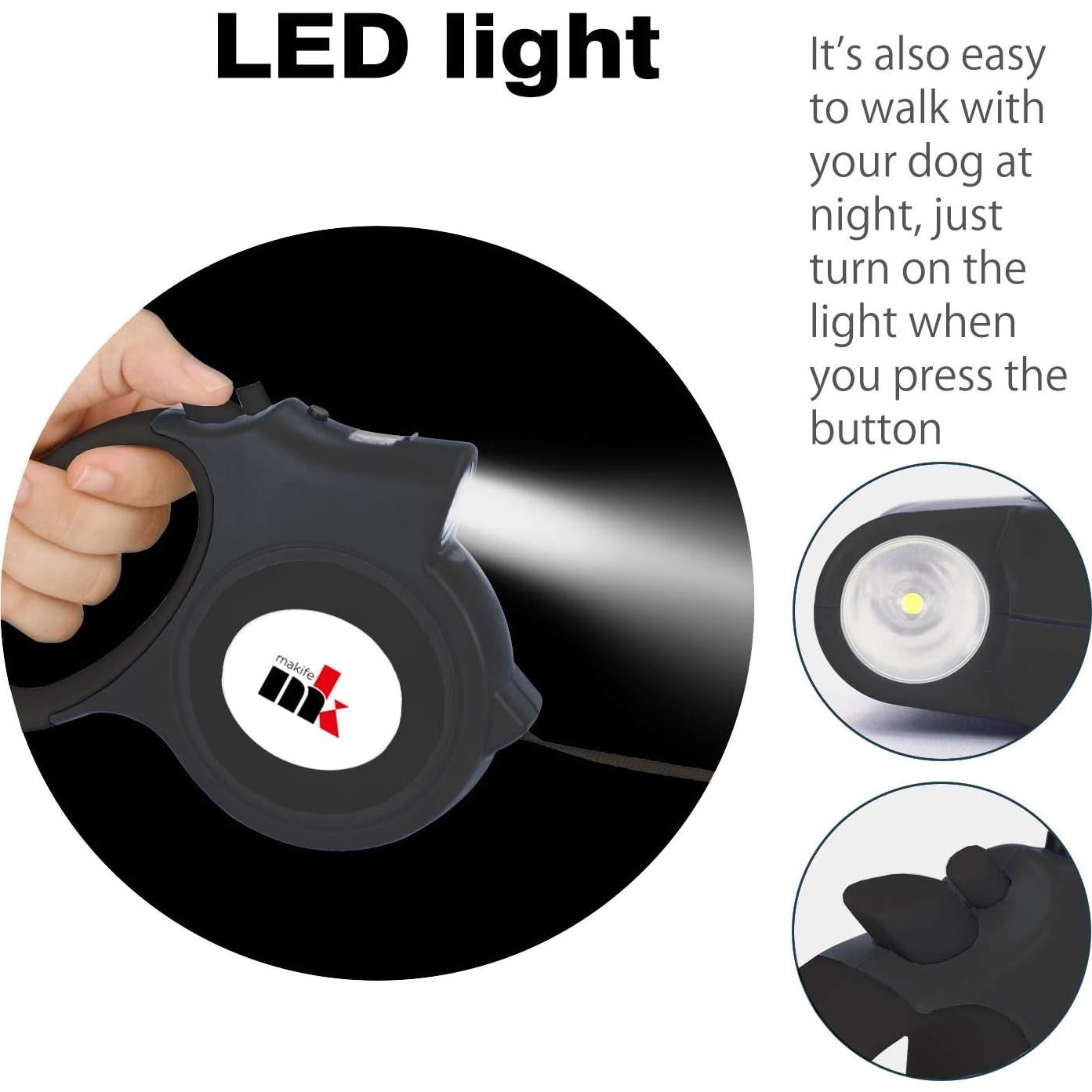 Correa de Perro Retráctil Makife 5m con Luz LED hasta 25kg
