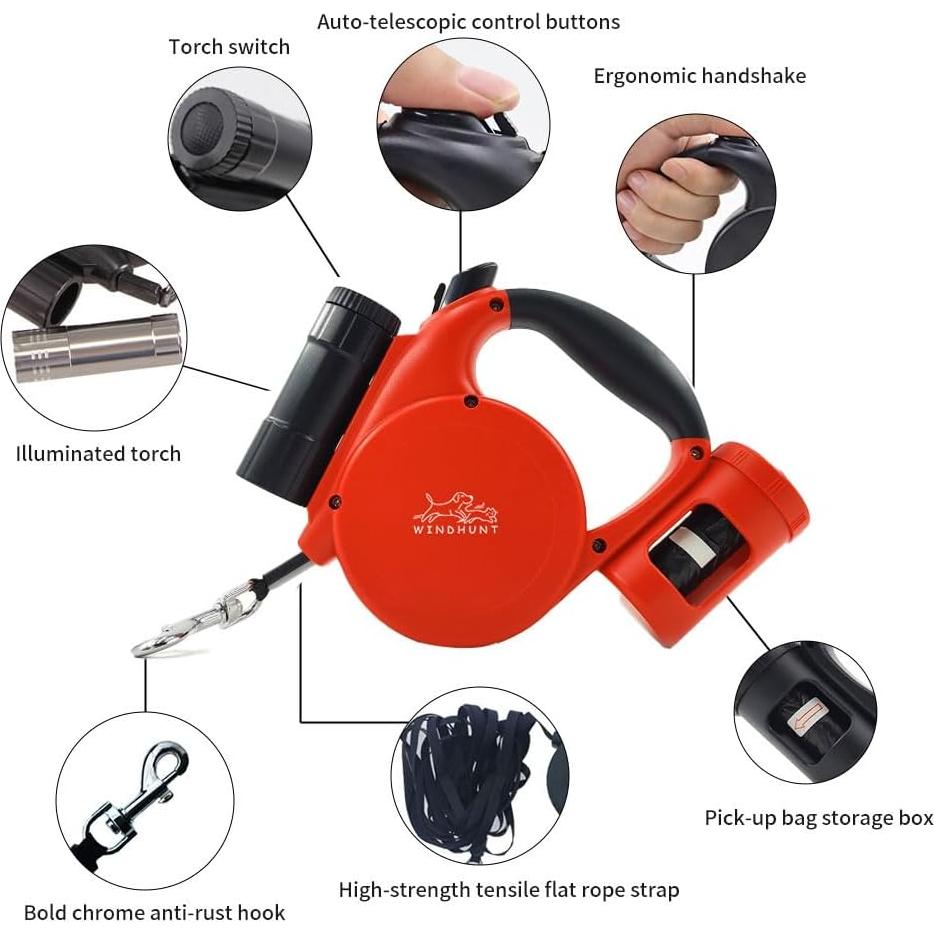 Correa Retráctil para Perros Windhunt 4.88m con Linterna Roja