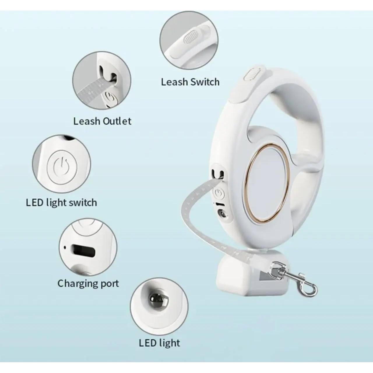 Correa de Perro Retráctil 3M - LED, Freno, Dispensador - Blanco