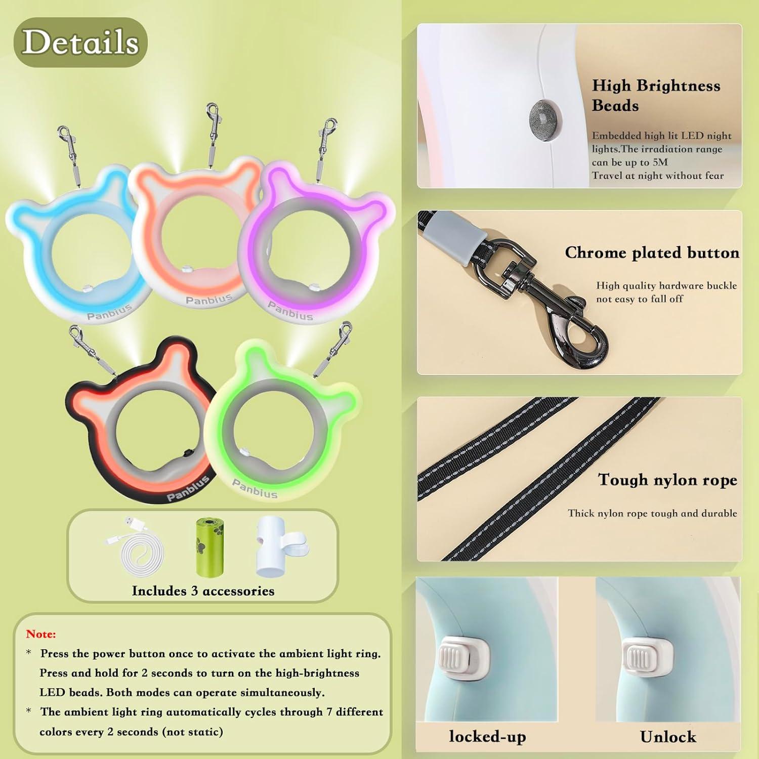 Correa Retráctil para Perros Panbius 3m LED 30kg Amarillo