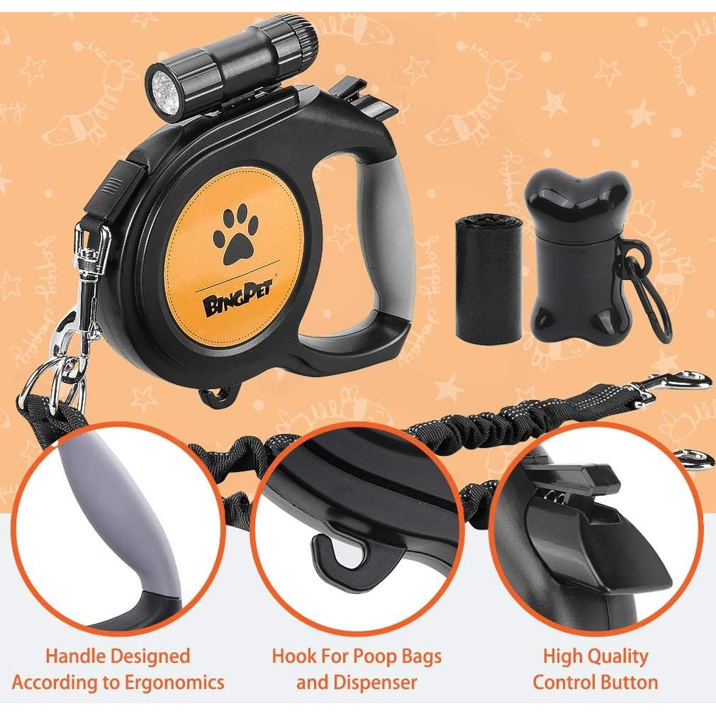 Correa Doble Retráctil para Perros BINGPET 8m con Linterna LED